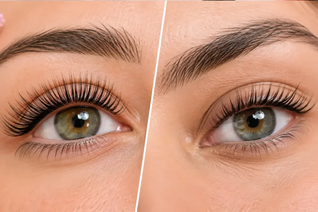 Close-up of an eye with naturally lifted, curled lashes after a Korean-style lash lift